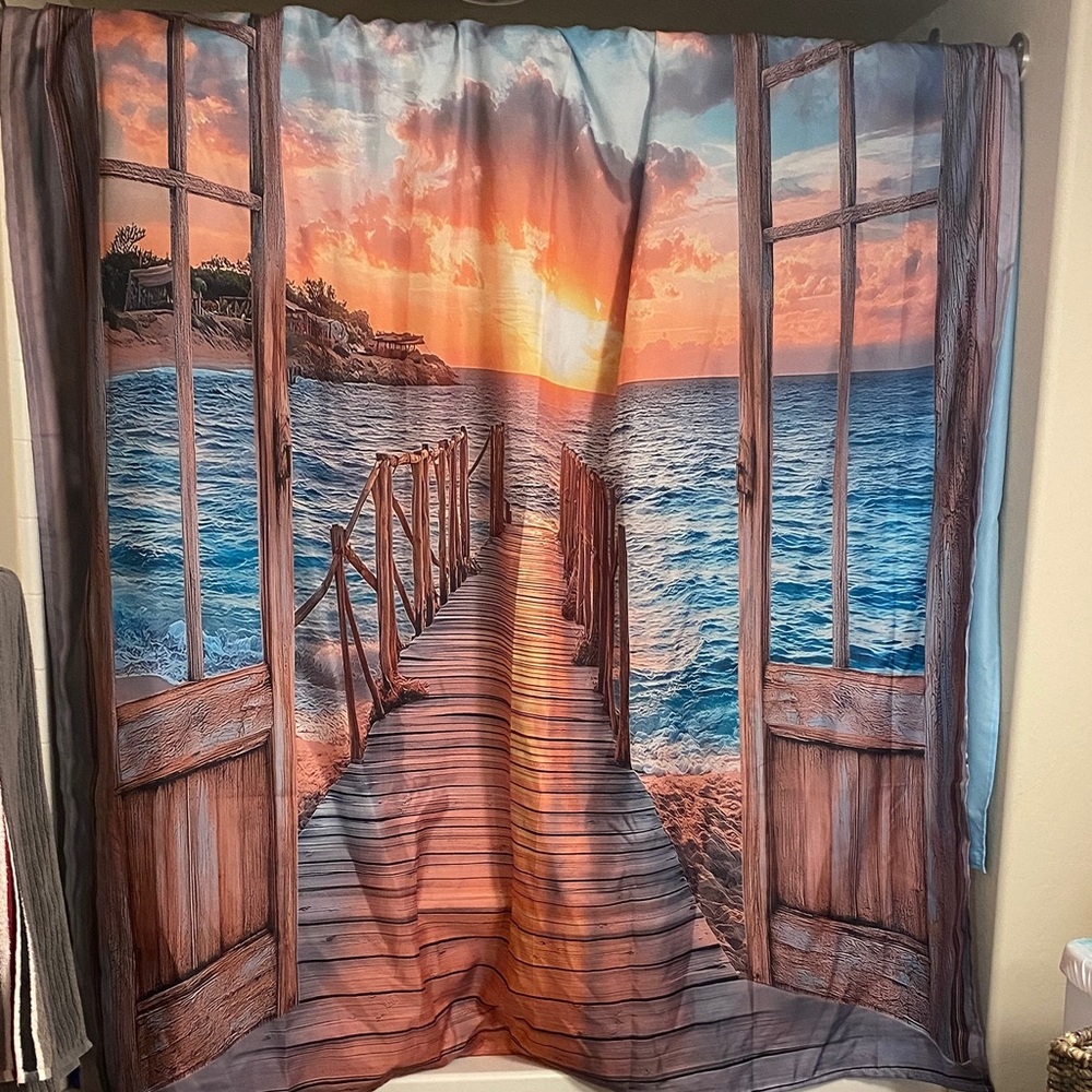 Scenic Ocean View Shower curtain 80” with blue inner liner 72”